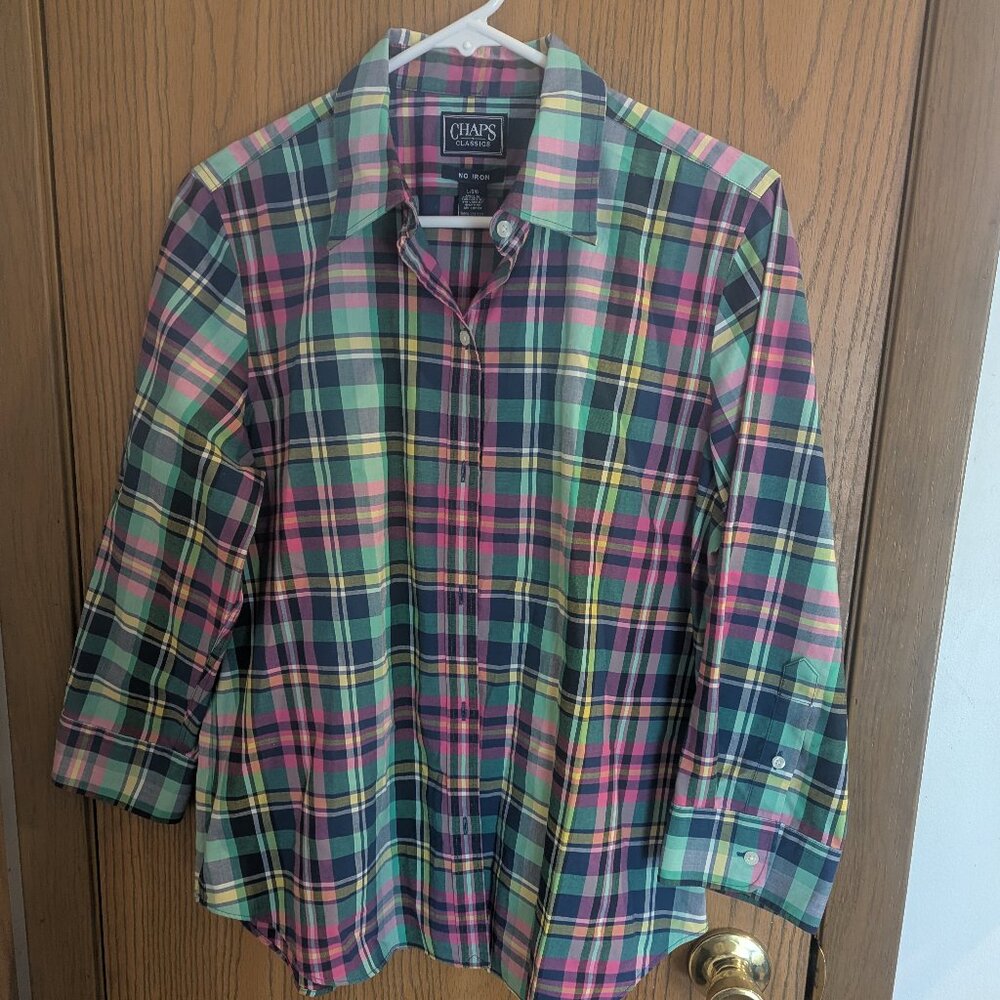 CHAPS Classics Plaid No Iron Green Blue‎ Pink 3/4 Sleeve Shirt-Women's Lg